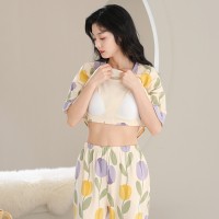 2024夏季女士带胸垫防凸点睡衣舒适大码可外穿宽松家居服棉套装女