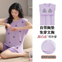 夏季莫代尔睡衣女背心休闲甜美自带胸垫睡衣短裤舒适可外穿家居服