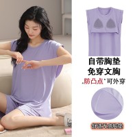 夏季莫代尔睡衣女背心休闲甜美自带胸垫睡衣短裤舒适可外穿家居服