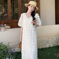 夏装买家秀现货韩版V领泡泡料开叉连衣裙202A