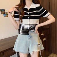 2024春新款条纹polo领短袖针织t恤女夏设计感正肩修身上衣