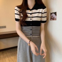 2024春新款条纹polo领短袖针织t恤女夏设计感正肩修身上衣