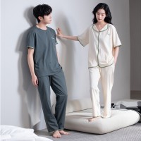 情侣睡衣夏季纯棉男款女款短袖长裤半袖春秋款套装纯色家居服夏款