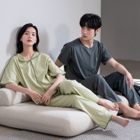 情侣睡衣夏季纯棉男款女款短袖长裤半袖春秋款套装纯色家居服夏款