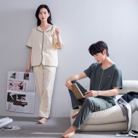 情侣睡衣夏季纯棉男款女款短袖长裤半袖春秋款套装纯色家居服夏款