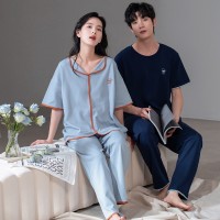 情侣睡衣夏季纯棉男款女款短袖长裤半袖春秋款套装纯色家居服夏款