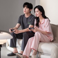 情侣睡衣夏季纯棉男款女款短袖长裤半袖春秋款套装纯色家居服夏款