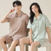 高档100%纯棉情侣睡衣春夏季短袖开衫甜美家居服休闲男士全棉套装