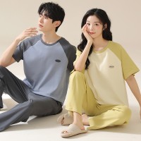 情侣睡衣纯棉短袖凉爽女士夏季简约大码男士可外穿薄款家居服套装