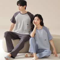 情侣睡衣纯棉短袖凉爽女士夏季简约大码男士可外穿薄款家居服套装