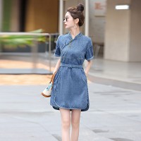 夏季轻薄新款中式牛仔连衣裙女2024复古g风短袖收腰显瘦休闲裙子
