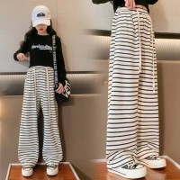 女童裤子春装外穿2024新款春季中大童黑白条纹阔腿裤春秋儿童卫裤