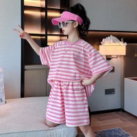 女童装洋气条纹休闲套装2024夏季新款儿童韩版宽松短袖短裤两件套