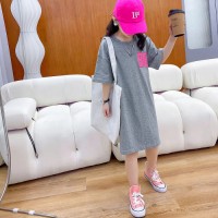 女童夏季连衣裙中大童圆领短袖中长款T恤裙小女孩韩版宽松直筒裙