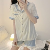 甜美夏季短袖短裤睡衣女士花边牛奶丝坑条宽松可爱学生少女家居服