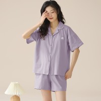 俞兆林纯棉睡衣女夏季翻领开衫小清新短袖短裤可外穿家居服套装