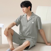 俞兆林夏季男士简约大气短袖短裤大码睡衣开衫纯棉宽松家居服套装