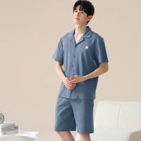 俞兆林夏季男士简约大气短袖短裤大码睡衣开衫纯棉宽松家居服套装