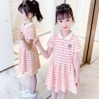 女童学院风裙子短袖洋气2024新款夏装女孩夏季网红儿童条纹连衣裙