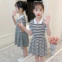 女童学院风裙子短袖洋气2024新款夏装女孩夏季网红儿童条纹连衣裙