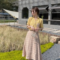 【现货新款】2024夏黄色上衣+格子半身裙套装ZB129