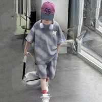 夏季儿童潮范渐变字母短袖休闲套装男女童渲染短袖短裤洋气两件套