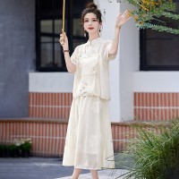 现货2024女时尚新款女装新中式夏季重工刺绣上衣＋半身裙