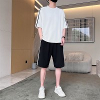 可二开定制新款夏季男潮流宽松学生短袖T恤两件套圆领运动套装
