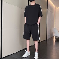 可二开定制新款夏季男潮流宽松学生短袖T恤两件套圆领运动套装