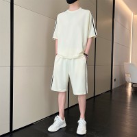 可二开定制新款夏季男潮流宽松学生短袖T恤两件套圆领运动套装