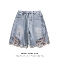 Q美式复古夏季薄款破洞牛仔短裤男款宽松直筒高街vibe五分中