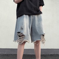 Q美式复古破洞牛仔短裤男款宽松高街vibe休闲五分中裤子