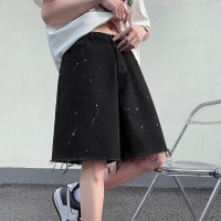 Q夏季泼墨黑色牛仔短裤男美式复古宽松中裤潮牌五分裤子