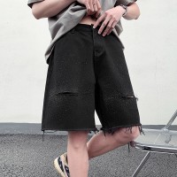 Q夏季破洞黑色烫砖牛仔短裤男美式休闲宽松中裤潮五分裤