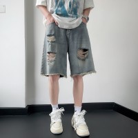 Q破洞毛边牛仔短裤男款夏季潮牌休闲五分裤水洗阔腿中裤