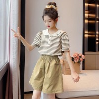 女童夏装套装韩版2024新款儿童娃娃领短袖洋气女孩夏款条纹两件套