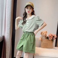 女童夏装套装韩版2024新款儿童娃娃领短袖洋气女孩夏款条纹两件套