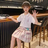 夏款短袖Polo衫女童星黛露套装中大儿童两件套学院风JKT恤百褶裙