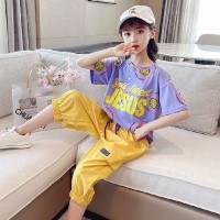 纯棉原版质量套装2024新款时尚儿童装短袖运动小女孩夏季两件套潮