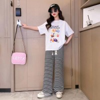 含棉）女童夏装套装2024新款洋气时髦中大童宽松条纹阔腿裤两件套