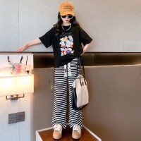 含棉）女童夏装套装2024新款洋气时髦中大童宽松条纹阔腿裤两件套