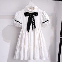 女童甜美风连衣裙夏季2024新款洋气女孩网红立领蝴蝶结衬衫裙子薄
