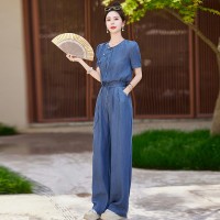 《48H发》优雅时尚天丝牛仔新中式运动休闲运动两件套套装