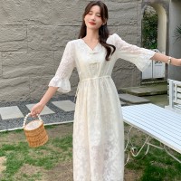 608新中式盘扣V领素色腰间抽绳连衣裙