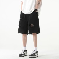 Q黑色牛仔短裤男士薄款高街宽松直筒破洞休闲五分中裤子