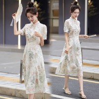 新中式收腰裙2024年夏季连衣裙女中腰短袖裙子