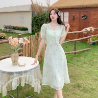 优雅清新绿色碎花连衣裙配开衫两件套065