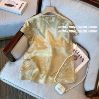 新中式GU风复古提花盘扣缎面衬衫女夏季2024新款休闲洋气短袖上衣
