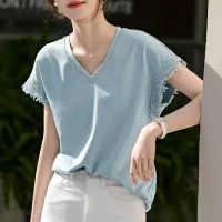 V领短袖T恤女式夏季通勤简约气质连肩袖设计蕾丝拼接上衣