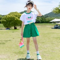 女童夏季套装中大童韩版卡通烫钻花边短袖上衣休闲宽松短裤两件套